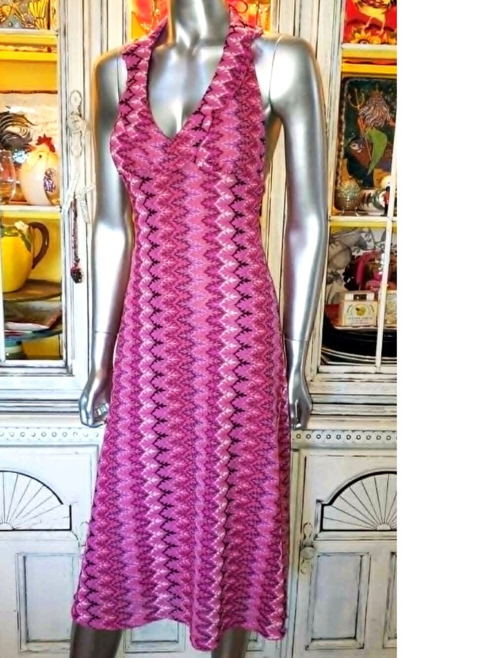 Betsey Johnson Vintage New York Y2K 90s Open Woven Knit Pink Midi Halter Dress S - Picture 10 of 16